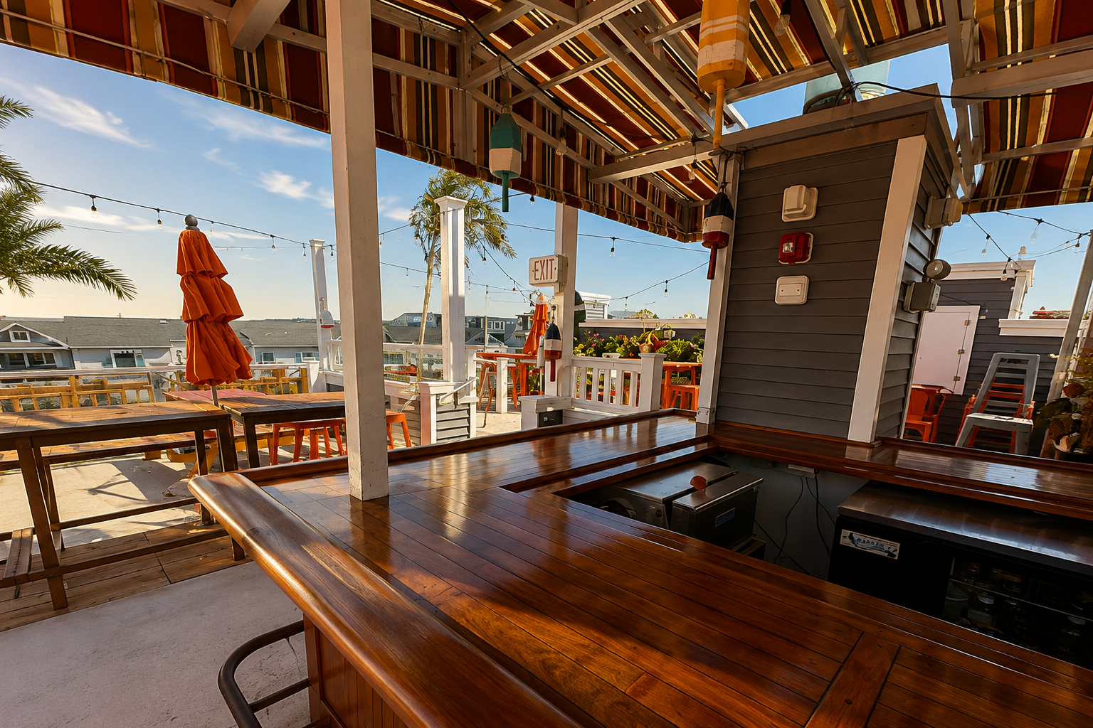 Spacious rooftop bar and lounge area with wooden deck, string lights, and ocean views