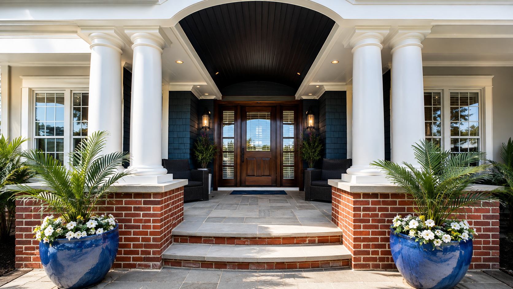 Elegant home entrance with white columns, dark blue ceiling, wooden doors, brick pillars, and blue planters with white flowers
