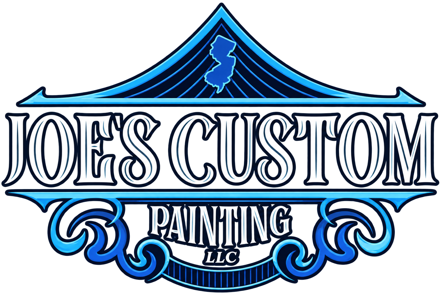 Joe's Custom Painting LLC logo with New Jersey silhouette and blue tent design